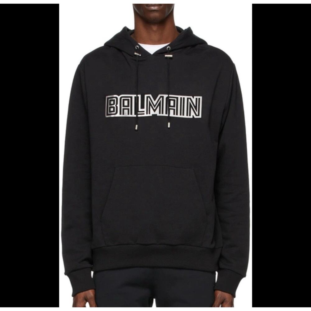 Balmain Paris BALMAIN SILVER EMBOSSED HOODIE - BLACK Size S